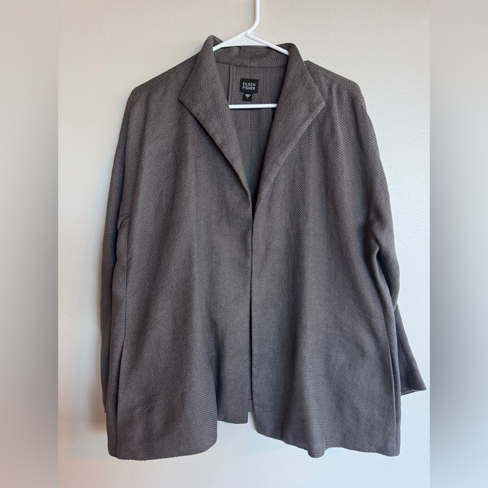 EILEEN FISHER Taupe Linen Cotton Textured Knit Open Front Cardigan Jacket Large